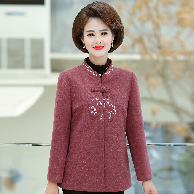 迪鲁奥（DILUAO)妈妈秋装外套2019新款洋气女士立领显瘦上衣大码中年女装毛呢外衣_512 XXL 红色