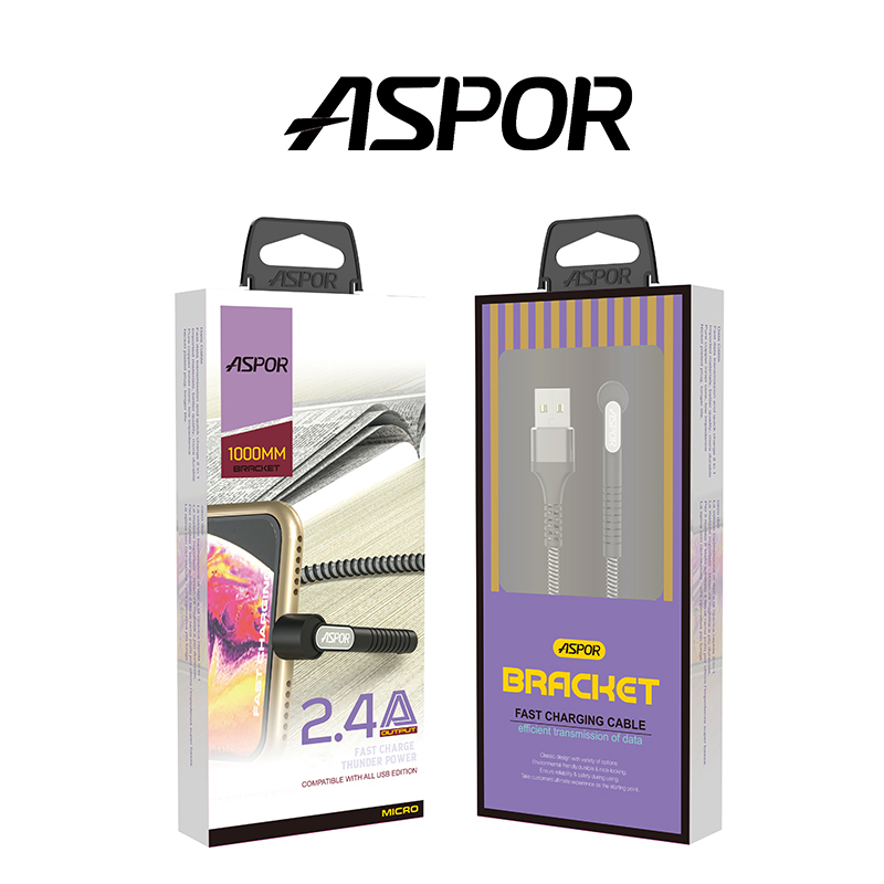 [追剧充电神器]ASPOR Type-C支架数据线 手机充电线1米 手机快充2.4A电源线 黑银色尼龙耐折不易断以换代修