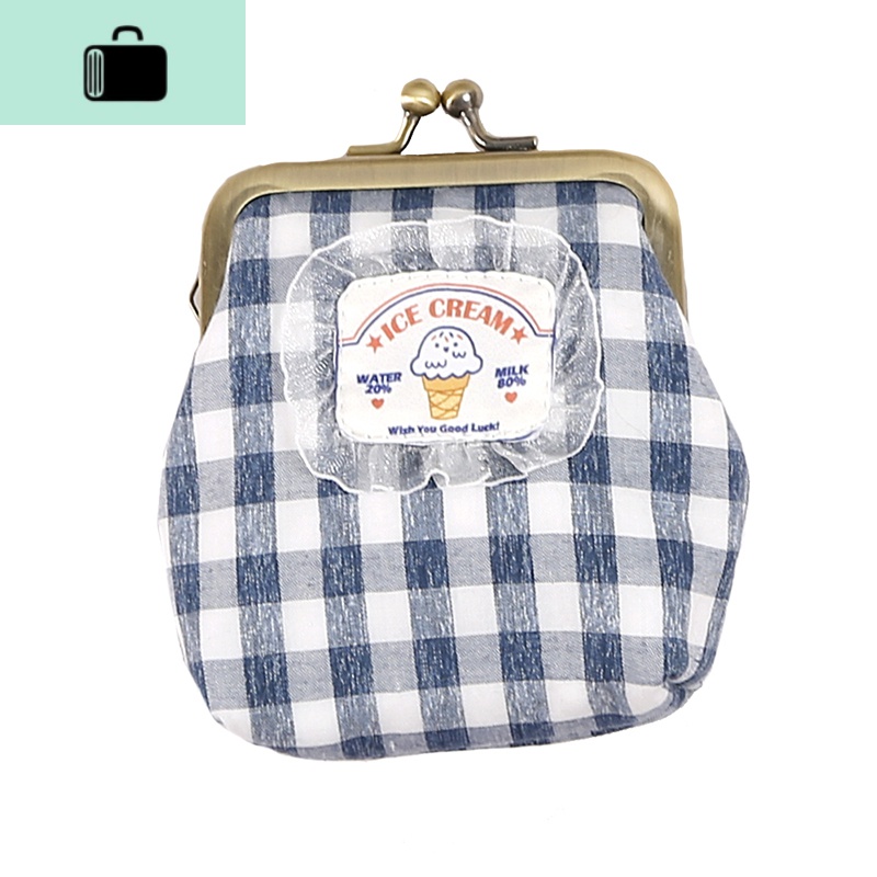 果糖家原创可爱少女复古格子荷叶边棉麻零钱包口金包NEWLAKE 蓝色冰淇淋款现货