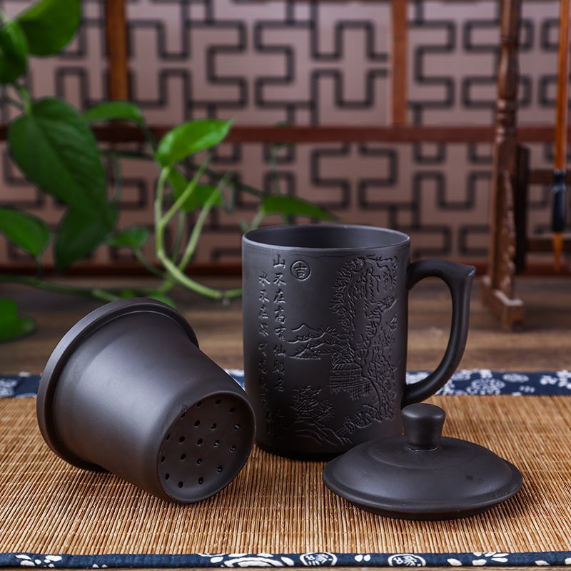 紫砂茶杯男带盖过滤内胆泡茶杯陶瓷茶杯办公杯水杯紫砂杯仿古茶杯