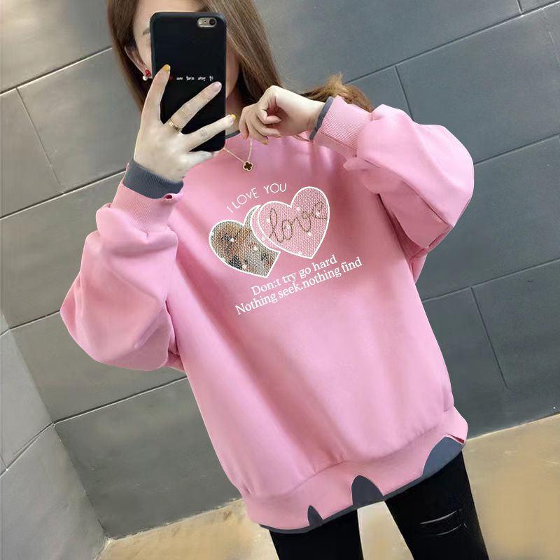 假两件秋冬款上衣时尚不规则宽松显瘦ins加绒/不加绒百搭女士卫衣 2XL建议140-160斤 薄款-透明爱心【粉色】