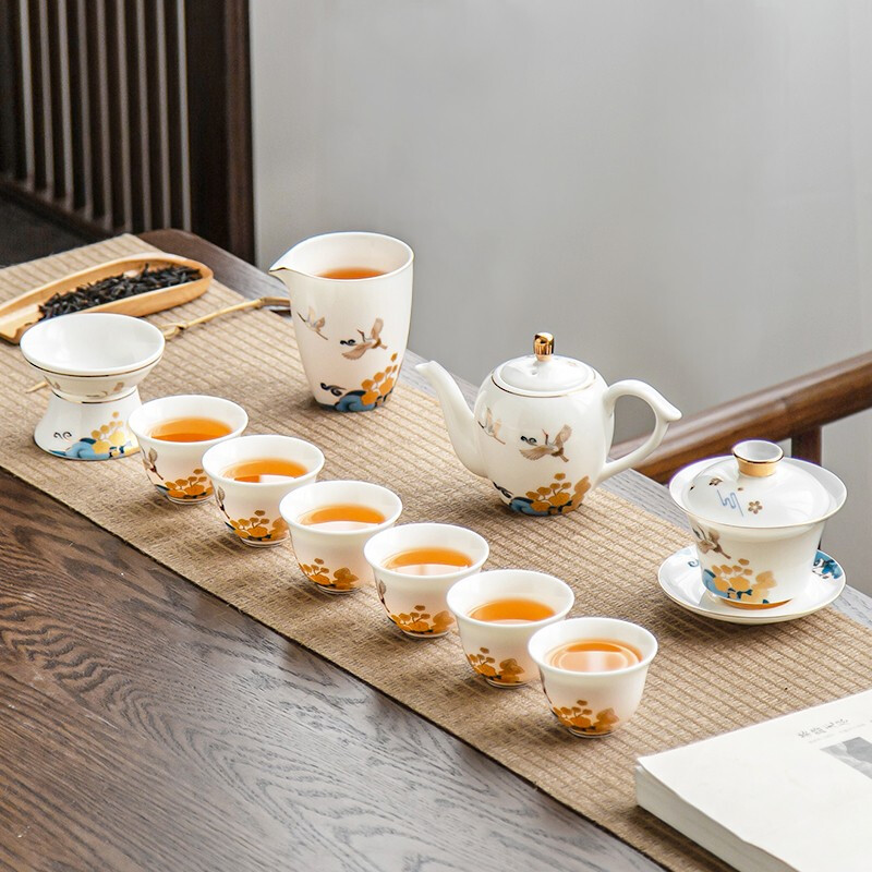 金镶玉 [国潮来袭]功夫茶具套装 中国白羊脂玉瓷家用陶瓷茶壶盖碗茶杯公道杯送礼礼盒装 花间云鹤羊脂玉瓷套装高清大图