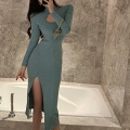御姐范气质欧美风性感长袖裙子镂空开叉修身显瘦打底连衣裙长裙潮 XL 蓝色