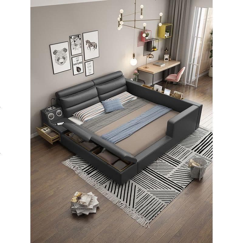 皮床榻榻米床真皮床主卧多功能双人床1.8米2皮艺床现代简约围栏床图片