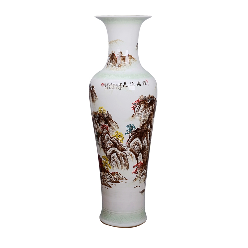 景德镇陶瓷落地花瓶 墨彩山水画手绘瓷瓶客厅装饰品摆件 三维工匠 山水C款1.2米高清大图