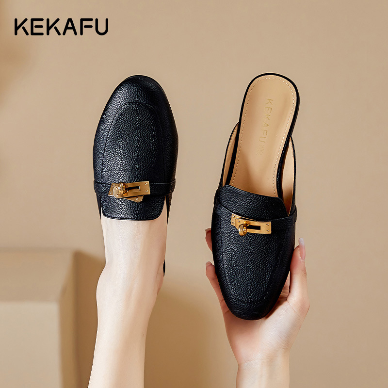珂卡芙小皮鞋女尖头单鞋2023夏季新款包头半拖鞋外穿复古小众女鞋