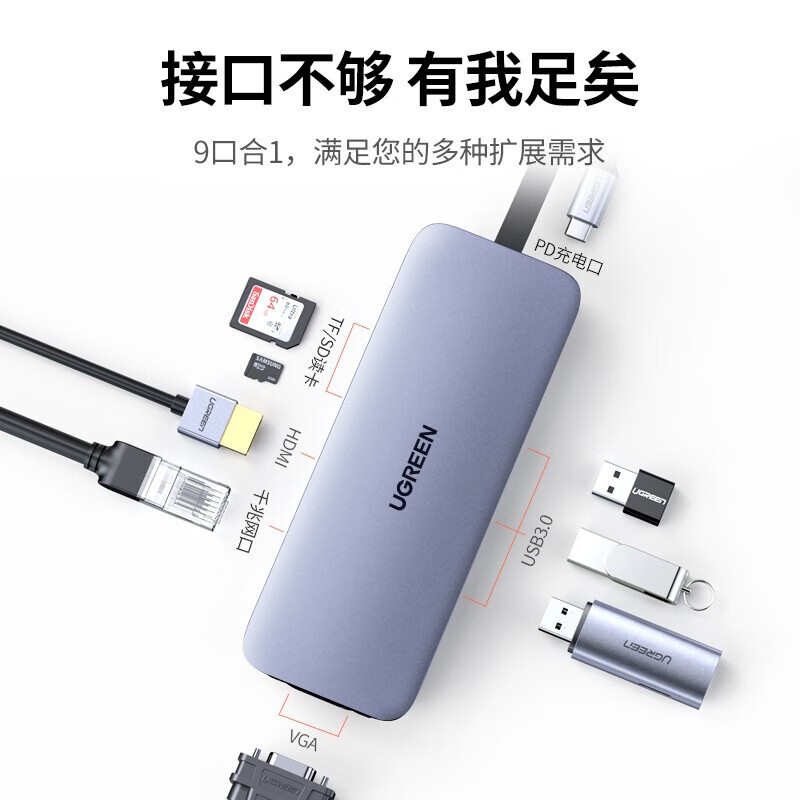 绿联70409Type-C扩展坞9合1USB-C转HDMI线转换器4K投屏VGA拓展坞转接头网口分线器高清大图