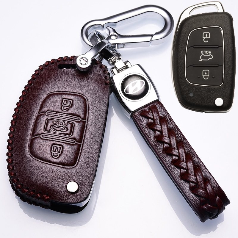 【补贴10%】全新途胜钥匙套北京现代领动专用真皮汽车钥匙包名图钥匙扣2019款汽车钥匙包 现代C款咖啡色+绳扣（折叠钥匙后备箱按键在中间）