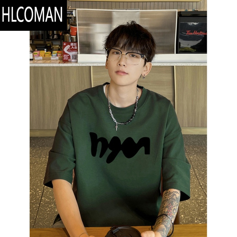 HLCOMAN美式精梳t恤设计潮牌ootd短袖夏季男款情侣装七分袖