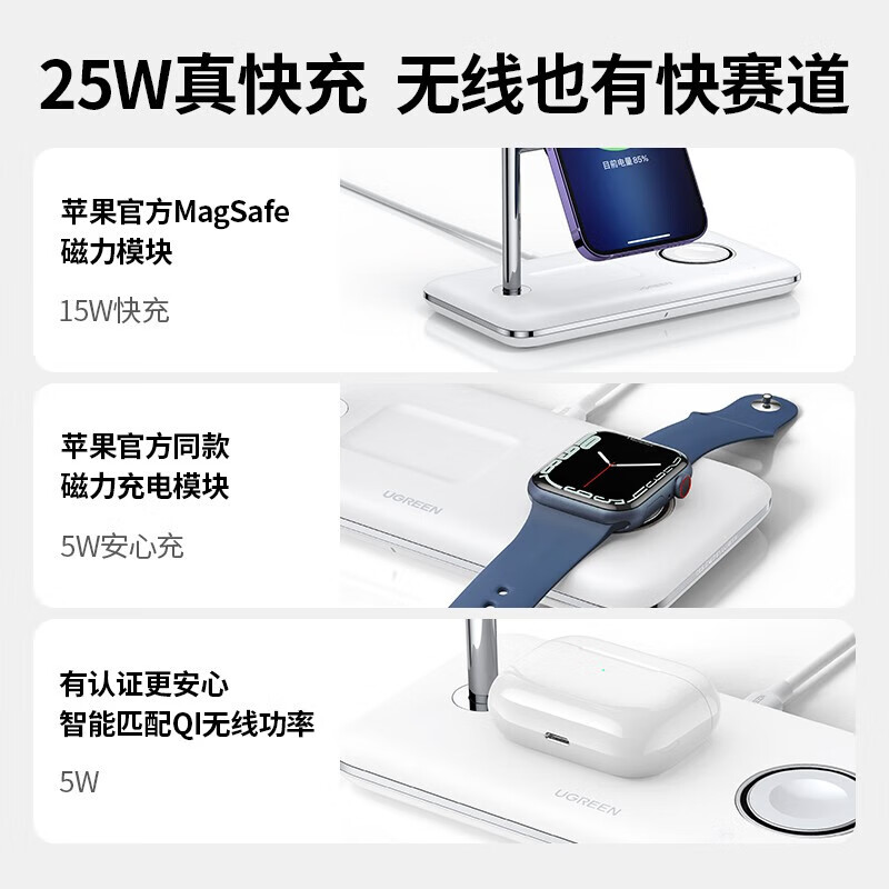 绿联Type-c 25w磁吸款手机/手表/耳机三合一MFi认证充电器 灰色 CD278/90910(货期3-6天)高清大图