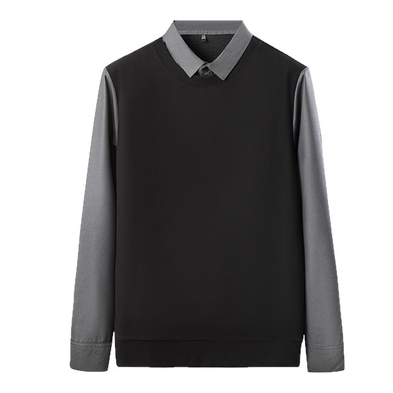 含蚕丝羊毛男士假两件上衣2025秋季新款衬衫领条纹休闲男士针织衫高清大图