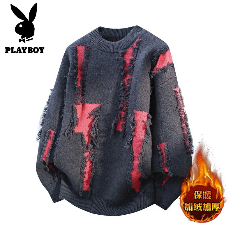 花花公子新款高品质【新款】 2025年秋冬款圆领针织毛衣男 灰红色 180