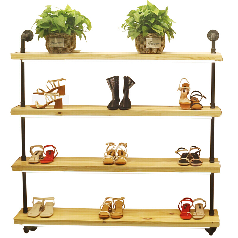 复古鞋店鞋架展示架多层鞋货架水管落地鞋包架鞋上墙实木创意鞋架