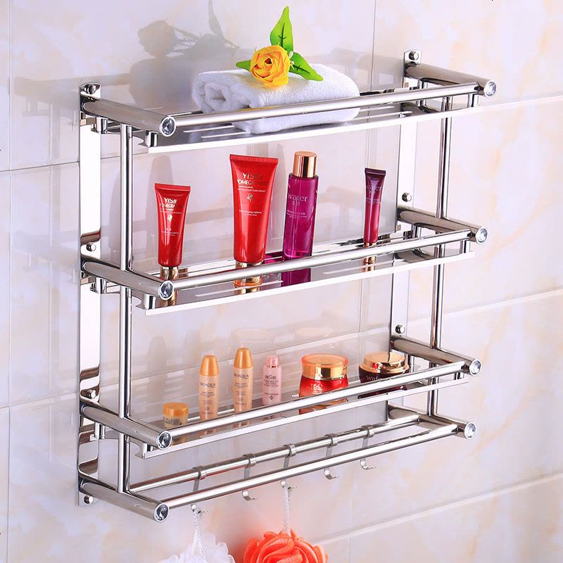 免打孔浴室置物架不锈钢卫生间双层毛巾架壁挂厕所2层3层卫浴挂件 打孔/免打孔两用安装 (A款)60cm双图片