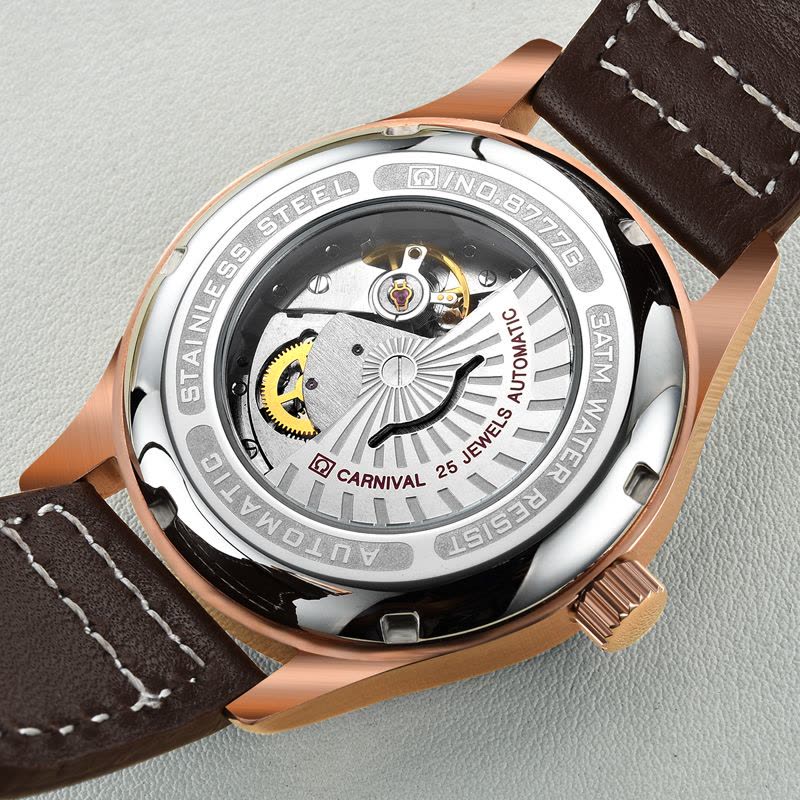 瑞士嘉年华Carnival手表男士全自动机械表 男士真皮带休闲时尚潮流简约防水男表大三针强劲夜光皮带腕表ms-8777c图片