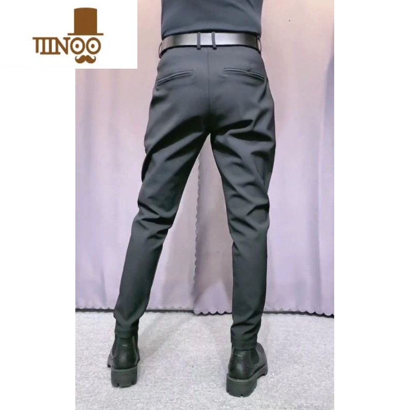 YANXU秋季百搭黑色长裤修身扎腰带散脚休闲裤韩版潮流小脚裤男直筒西裤高清大图