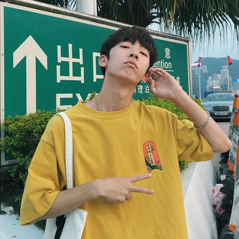 2018热卖@港仔文艺男 夏季复古印花短袖T恤日系宽松嘻哈学生圆领潮流衣服