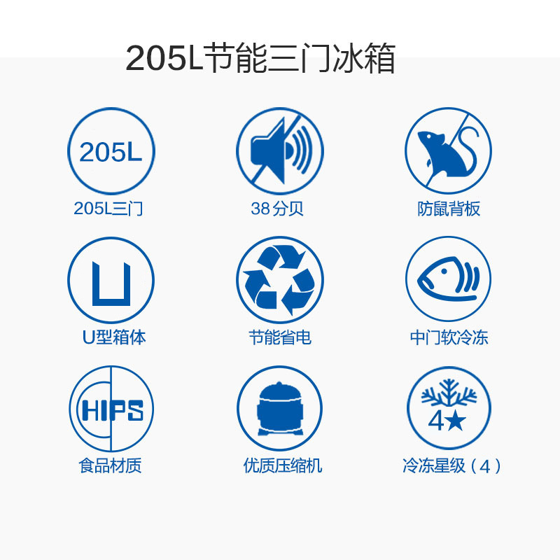 TCL BCD-205TF1 205升三门冰箱 升级三温区设计 中门软冷冻 即切即用 节能养鲜HIPS环保内胆(星空银)