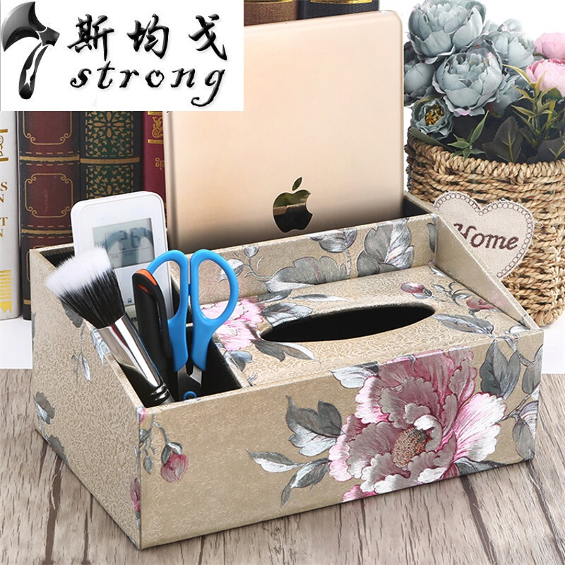 多功能纸巾盒欧式客厅茶几遥控器收纳盒创意抽纸盒家用餐巾纸抽盒乳白色多功能白金树根 深灰色多功能花晨月夕