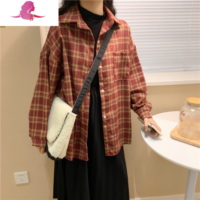 艳如飞磨毛格子衬衫女长袖港味复古2020新款宽松外穿内搭网红打底衬衣潮衬衫