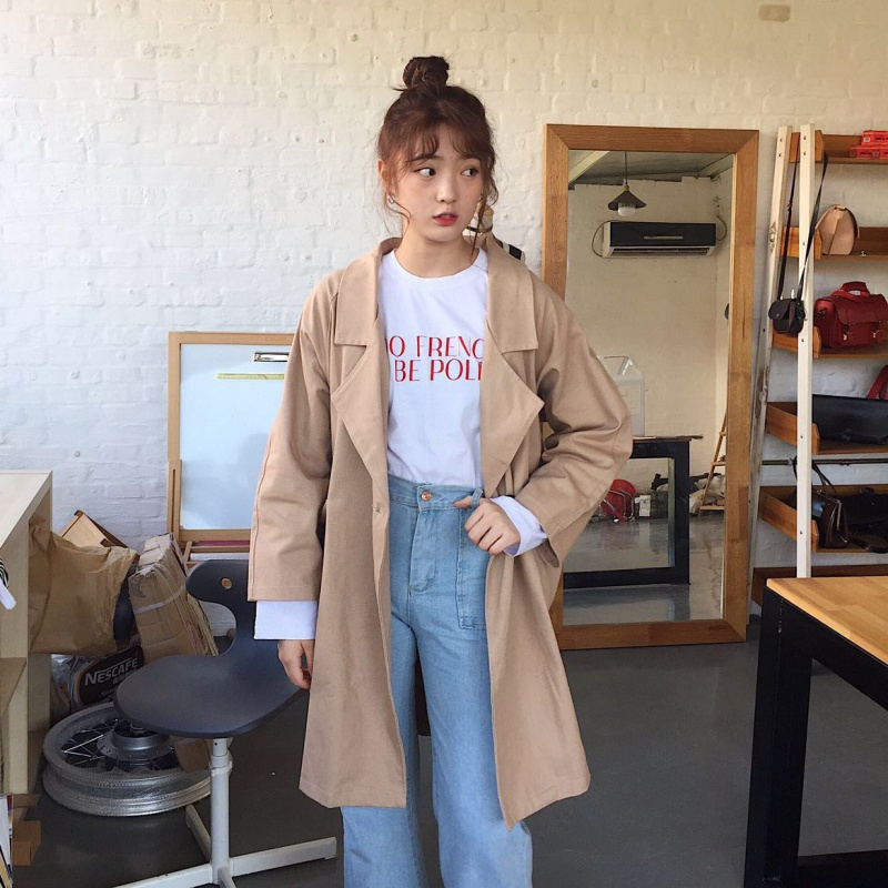 2018秋季新款韩版学生宽松bf百搭卡其色风衣女中长款港风chic外套
