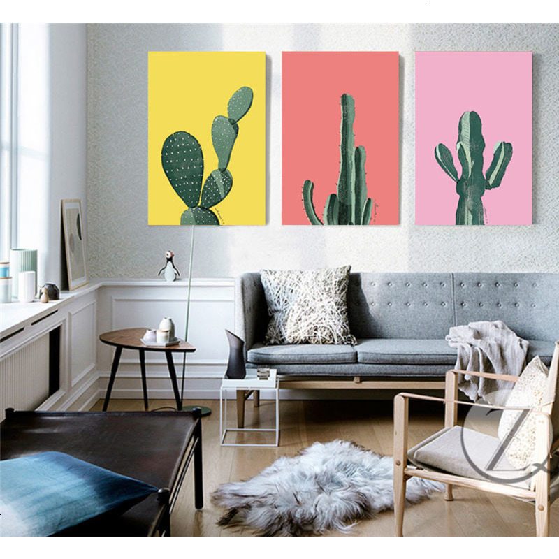 北欧简约仙人掌绿色植物水彩装饰画小清新餐厅卧室玄关三联画挂画