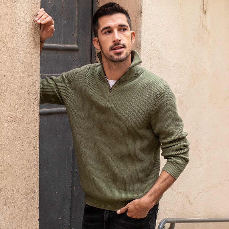 baluoshangkuegou男士纯棉高领拉链毛衣男冬季纯色套头休闲商务针织衫