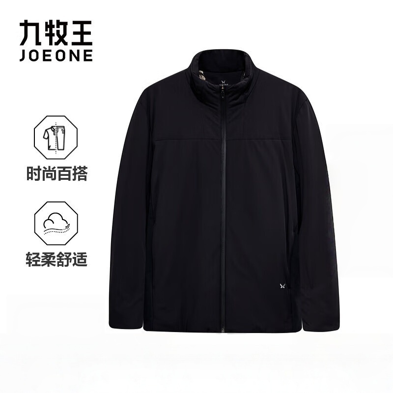 九牧王(JOEONE)棉衣男士秋季新款时尚拼接立领外套上衣 修身版+乌黑+SC1550122