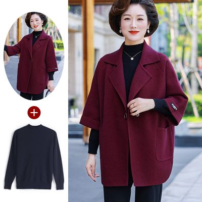 恒源祥中年妈妈秋装羊毛呢外套2024新款洋气中老年女春秋呢子大衣 酒红加黑色打底衫 6XL建议160-180斤