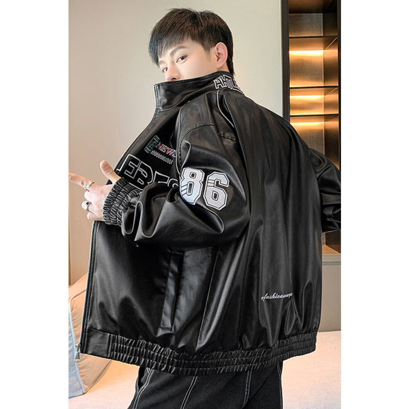 南极人机车皮衣外套男士春秋季新款潮牌男装赛车服仿真软皮皮夹克