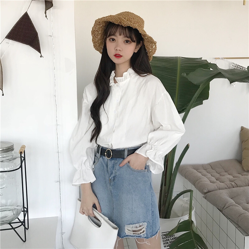 2018秋季新款港味木耳领长袖衬衫女韩范学院风花边宽松灯笼袖上衣 白色 均码