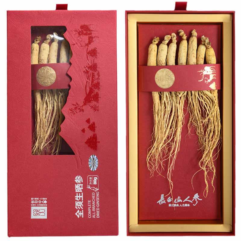 长白山人参全须生晒参菊花芯纹全须生晒参礼盒80g*1盒