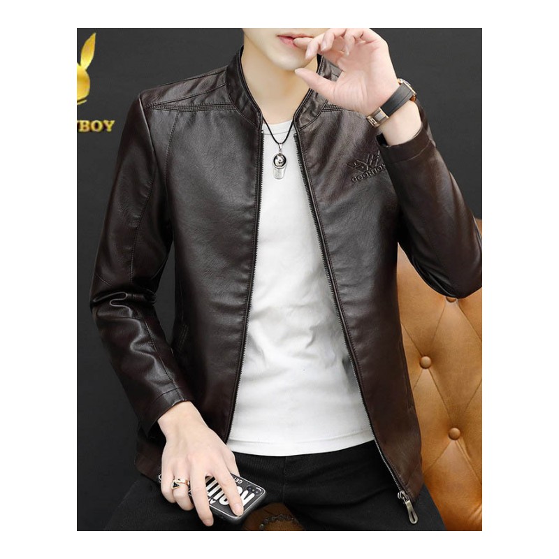 花花公子男装新款皮衣外套春秋季修身韩版时尚立领男士皮夹克外穿机车服潮男高清大图