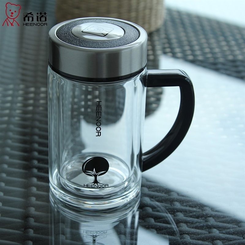 希诺XN-6720玻璃杯双层带盖办公茶杯带手柄透明水杯 无色透明