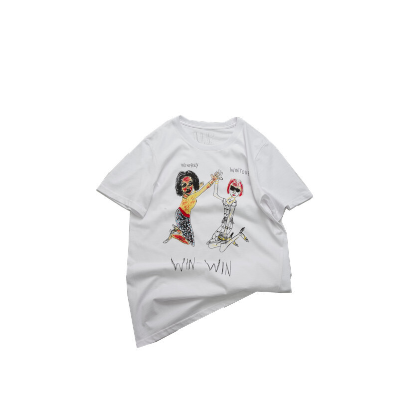 们不一样特别的涂鸦白t时髦卡通印花圆白短袖t恤白双人logo