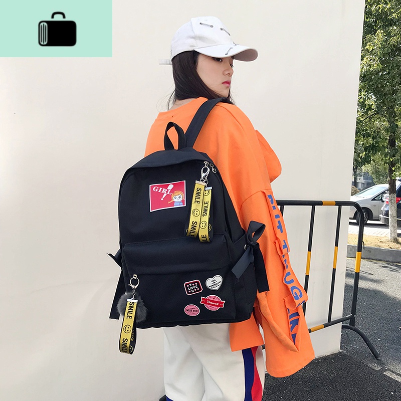 可爱挂件书包女韩版原宿校园高中学生时尚潮双肩包学院风情侣背包NEW LAKE高清大图
