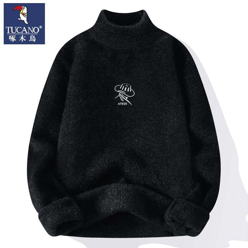 啄木鸟毛衣男冬季加厚加绒半高领打底针织衫男水貂绒潮流保暖上男 2XL135-150斤左右 黑色