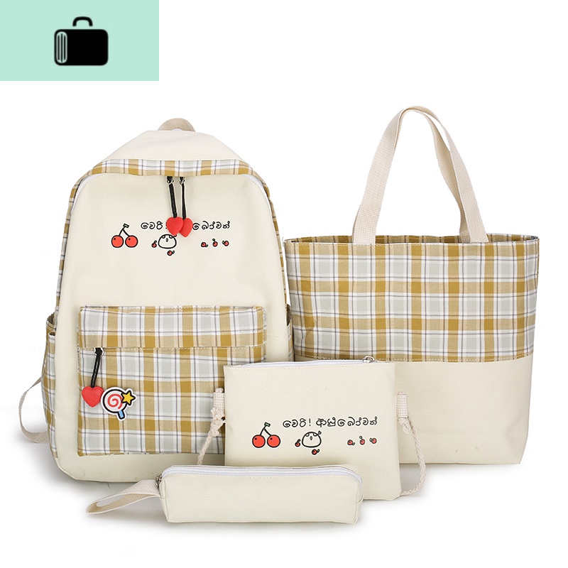 韩版原宿ins风校园初中高中学生书包双肩包女帆布四件套旅行背包NEW LAKE 231米色