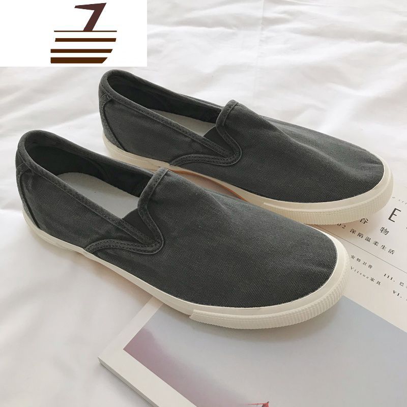 尗卡chic帆布鞋男款韩版水洗一脚蹬低帮平底鞋学生复古休闲牛筋底单鞋