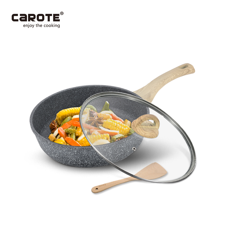 卡罗特(CaROTE) 麦饭石煎炒锅 深煎锅 平底锅 不粘少油烟锅 炒菜锅 煎炒两用锅 28CM