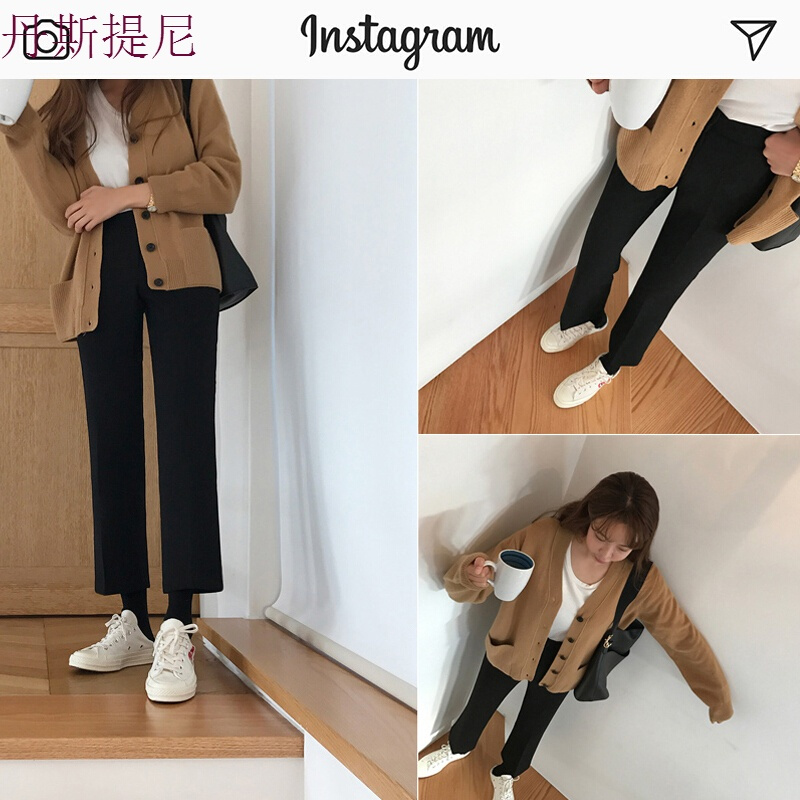 韩版春秋西装阔腿裤女九分裤直筒宽松百搭高腰chic休闲宽腿阔脚裤黑色[西装面料]直筒小阔腿