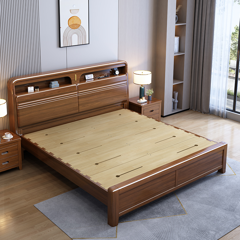 景山百岁 胡桃木色新中式实木床 现代简约主卧双人床家用卧室高箱储物床高清大图