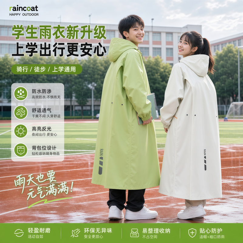 正雨儿童雨衣长款全身防暴雨初高中生上学带书包位电动车透气雨披9063高清大图