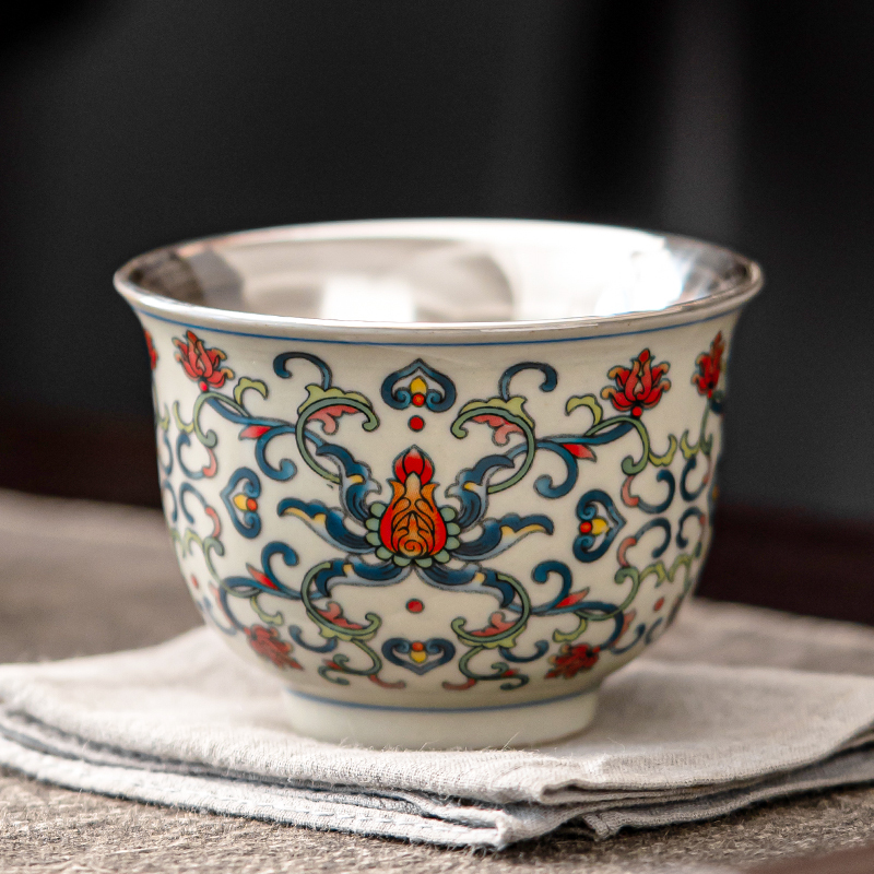 苏氏陶瓷(SUSHI CERAMICS)青花永乐鎏银茶杯主人杯个人杯品茗杯功夫茶杯