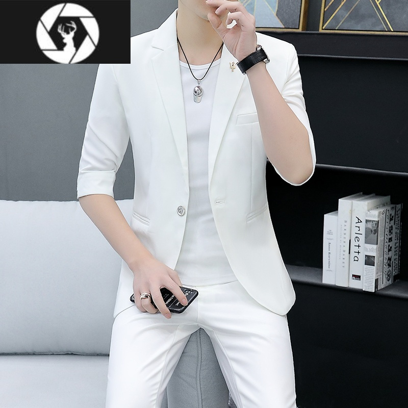 HongZun夏季七分袖西服套装男士韩版修身中袖薄款男装外套休闲短袖小西装