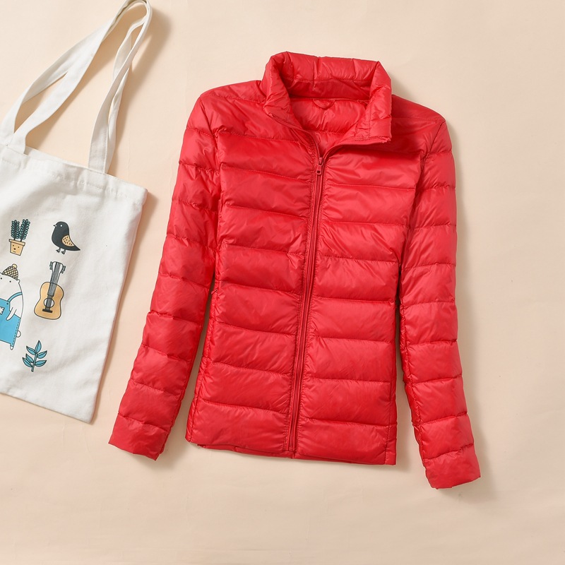 大码羽绒服女冬季新短款轻薄立领加厚保暖修身白鸭绒外套_647 红色 XL