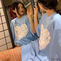 短袖t恤女学生爱心印花2021夏季新款宽松韩版bf原宿风中长款上衣 天蓝色[关注店铺送小礼物哦] M