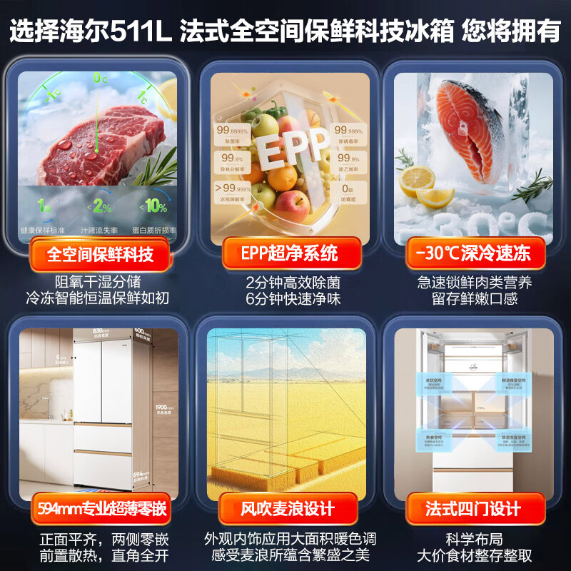 海尔(Haier)法式四门冰箱511L大容量风冷变频 全空间保鲜EPP超净系统 BCD-511WGHFD1BWLU1高清大图