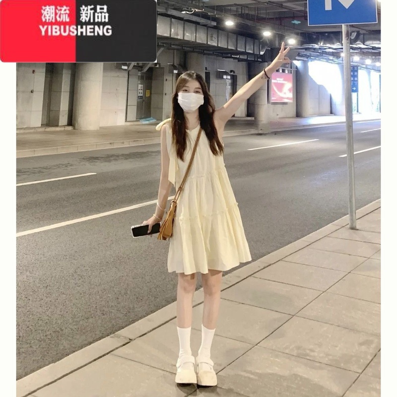 YIBUSHENG法式无袖挂脖气质连衣裙女季2024新款宽松显瘦小个子木耳边短裙