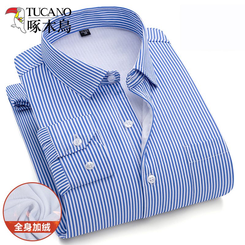 啄木鸟冬季男士保暖衬衫男加绒加厚中年长袖条纹保暖衬衣男爸绒袖高清大图